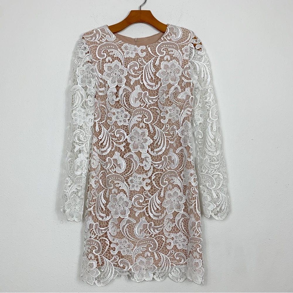 Dress the Population White Lace Overlay Mini Dress with Nude Lining